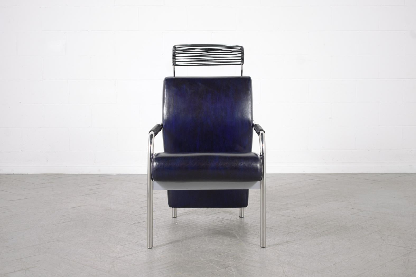 Mid-Century Modern Vintage Italian Mid-Century Leather Blue Lounge Chair & Ottoman by Andrea Branzi