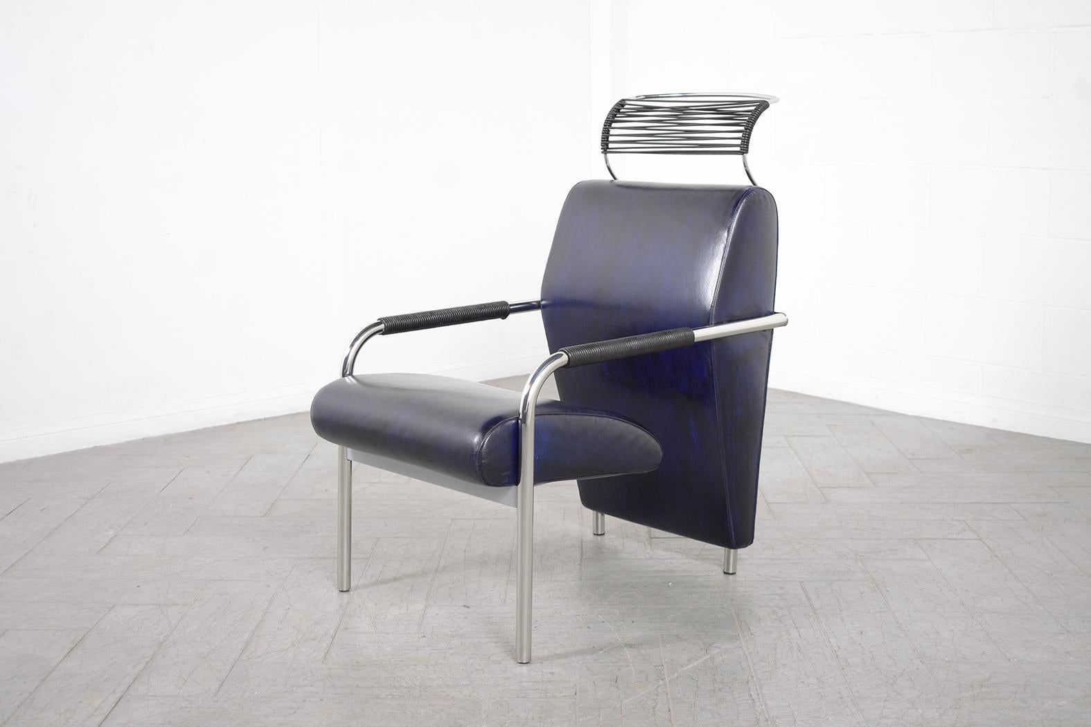 Late 20th Century Vintage Italian Mid-Century Leather Blue Lounge Chair & Ottoman by Andrea Branzi