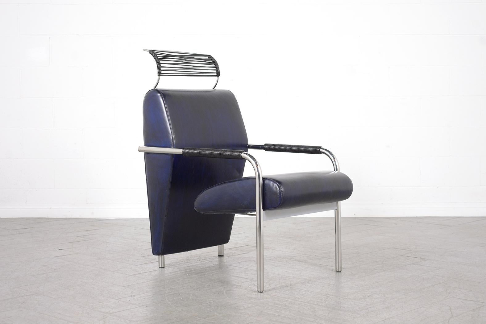 Steel Vintage Italian Mid-Century Leather Blue Lounge Chair & Ottoman by Andrea Branzi