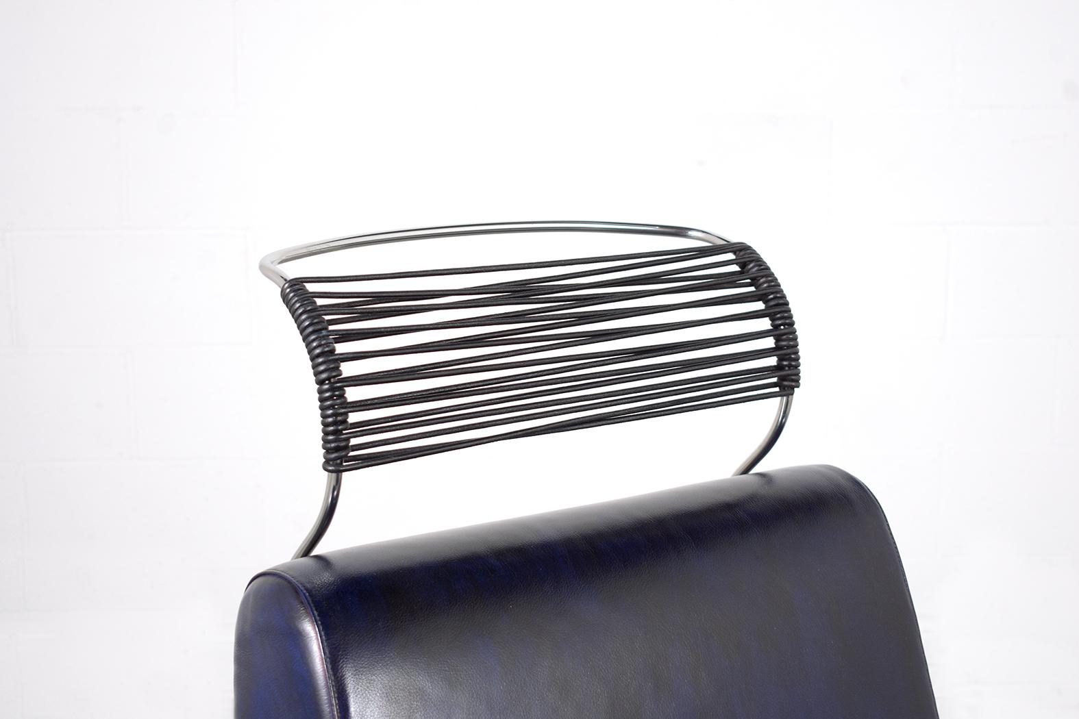 Vintage Italian Mid-Century Leather Blue Lounge Chair & Ottoman by Andrea Branzi 1