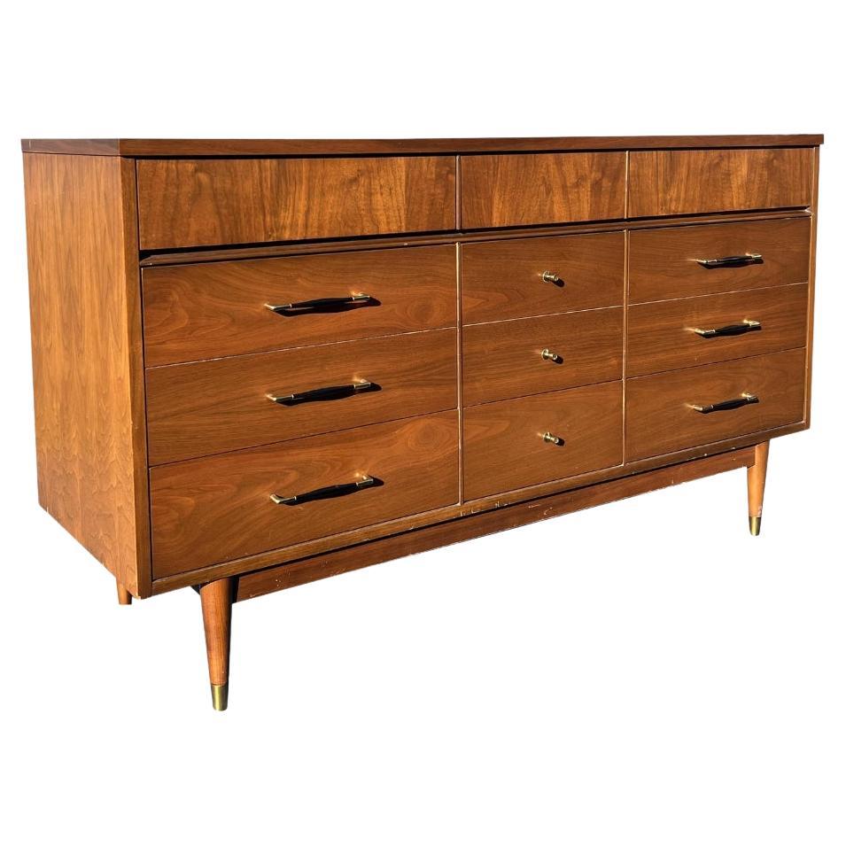 Mid Century Modern Vintage Lowboy Long Dresser With Brass Hardware For Sale