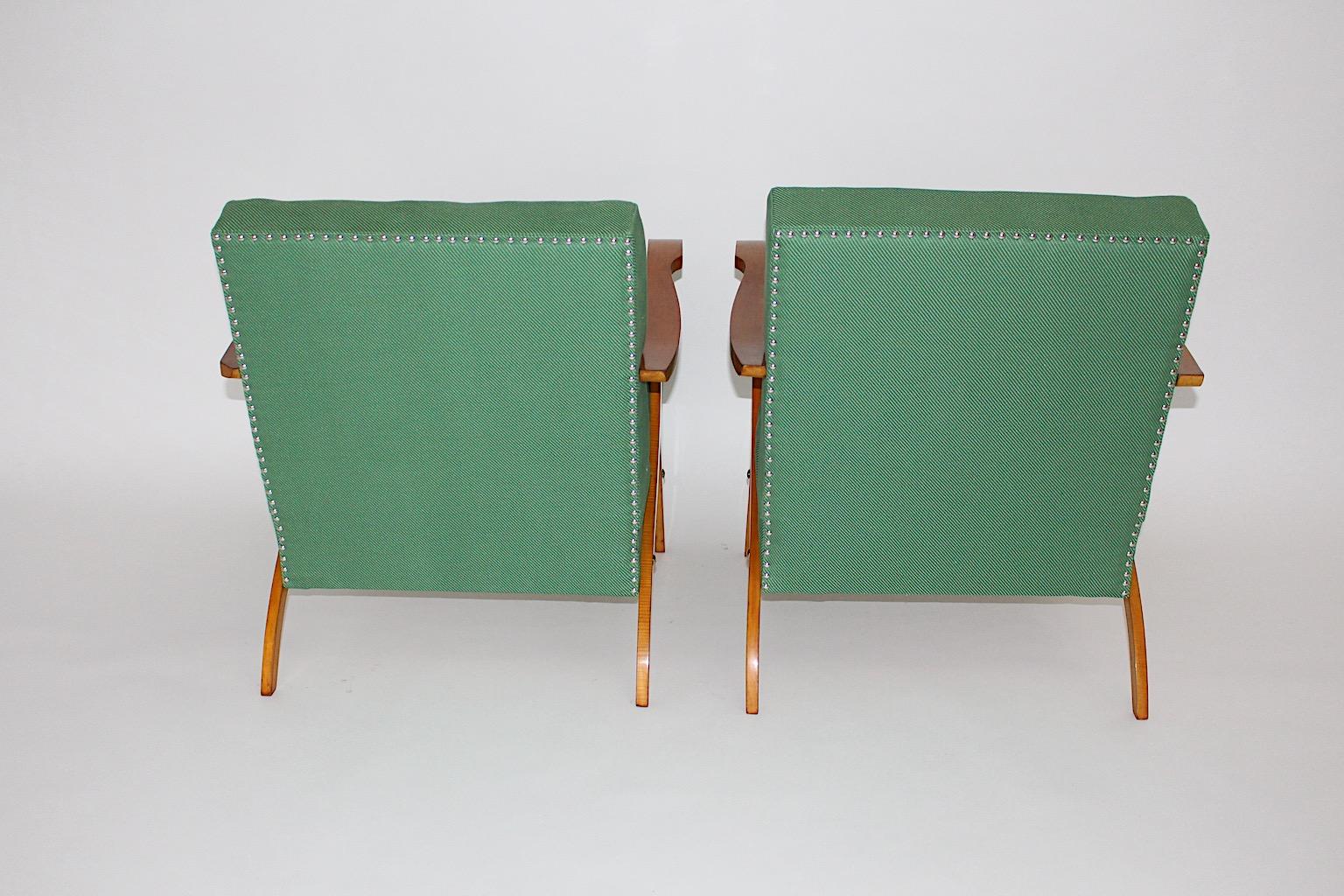 Mid Century Modern Vintage Maple Green Fabric Sculptural Lounge Chairs Pair 1950 For Sale 3