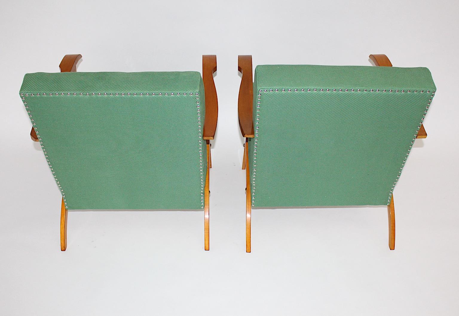 Mid Century Modern Vintage Maple Green Fabric Sculptural Lounge Chairs Pair 1950 For Sale 4