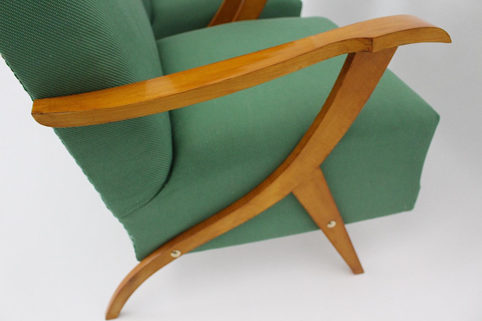 Mid Century Modern Vintage Maple Green Fabric Sculptural Lounge Chairs Pair 1950 For Sale 6