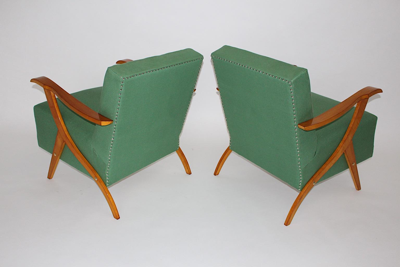 Mid Century Modern Vintage Maple Green Fabric Sculptural Lounge Chairs Pair 1950 For Sale 8