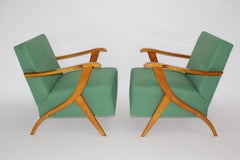 Mid Century Modern Vintage Maple Green Fabric Sculptural Lounge Chairs Pair 1950