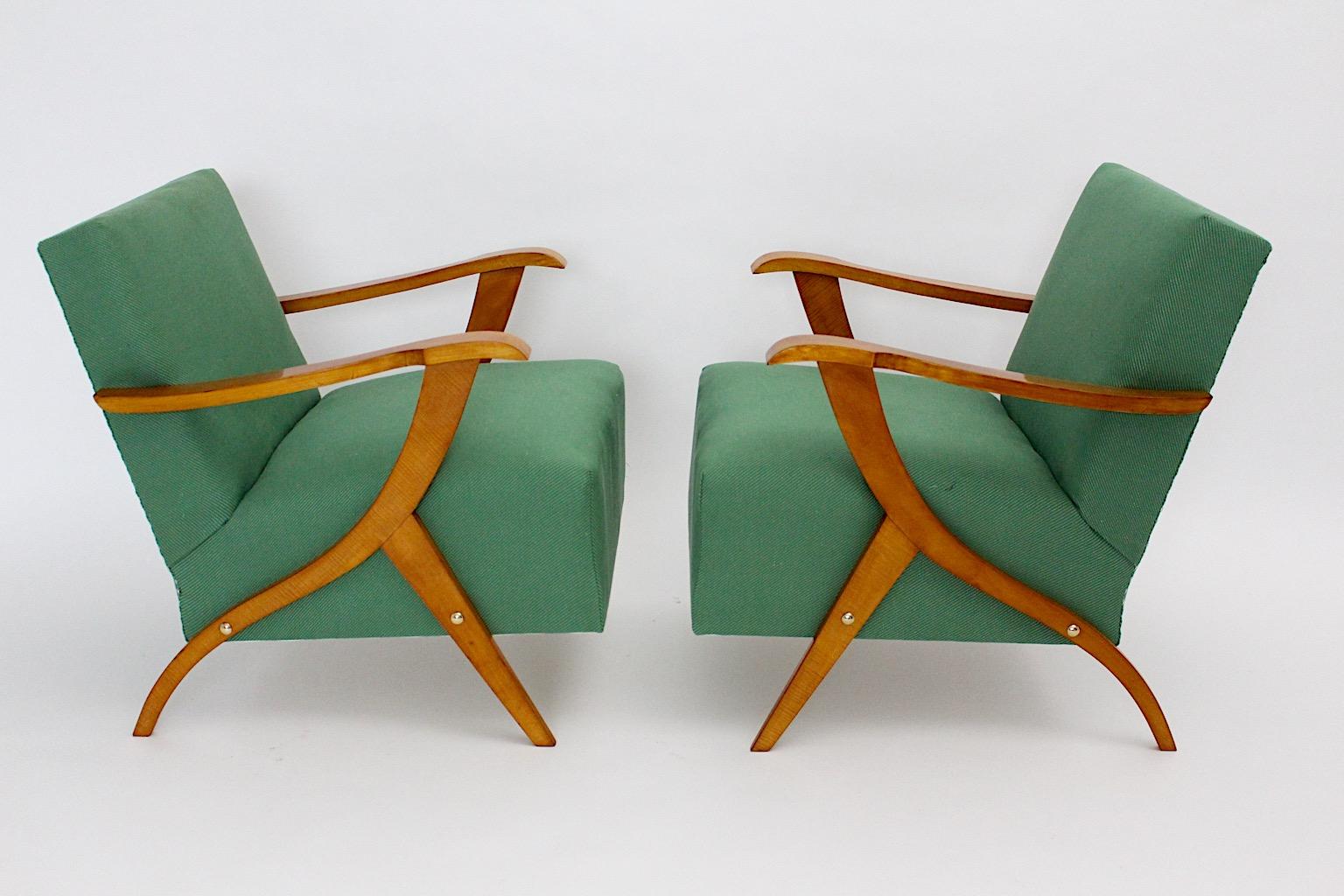 Italian Mid Century Modern Vintage Maple Green Fabric Sculptural Lounge Chairs Pair 1950 For Sale