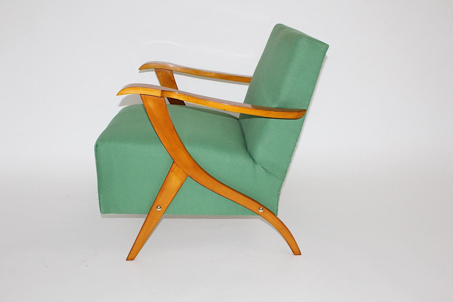 20th Century Mid Century Modern Vintage Maple Green Fabric Sculptural Lounge Chairs Pair 1950 For Sale