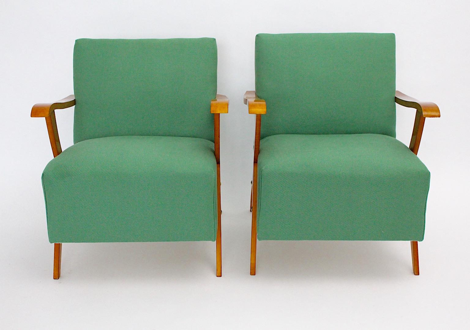 Brass Mid Century Modern Vintage Maple Green Fabric Sculptural Lounge Chairs Pair 1950 For Sale