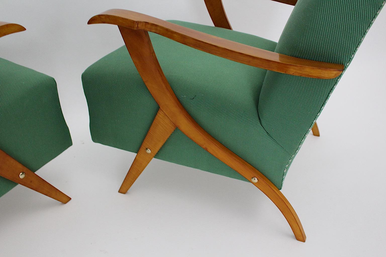Mid Century Modern Vintage Maple Green Fabric Sculptural Lounge Chairs Pair 1950 For Sale 1