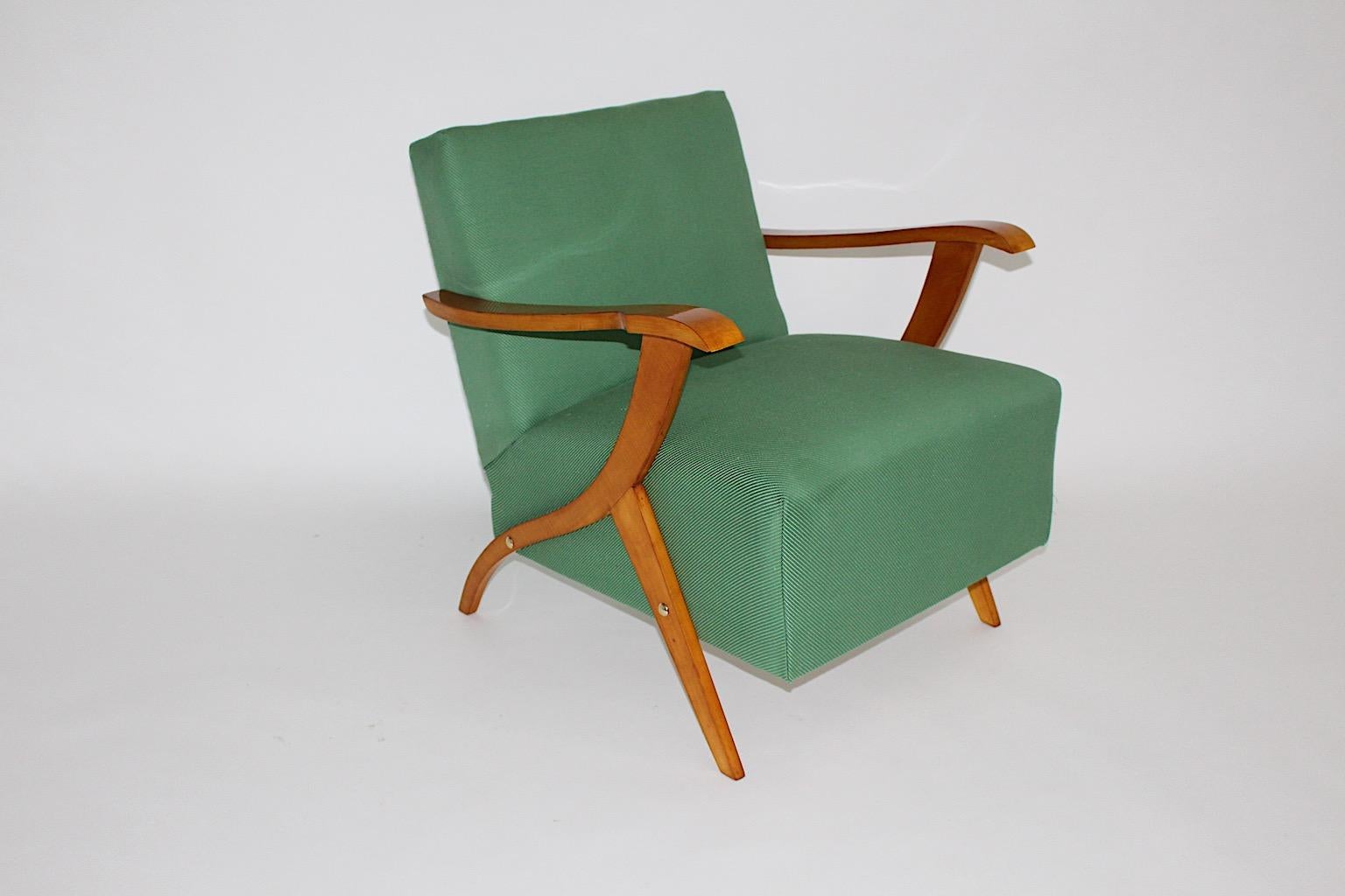 Mid Century Modern Vintage Maple Green Fabric Sculptural Lounge Chairs Pair 1950 For Sale 2