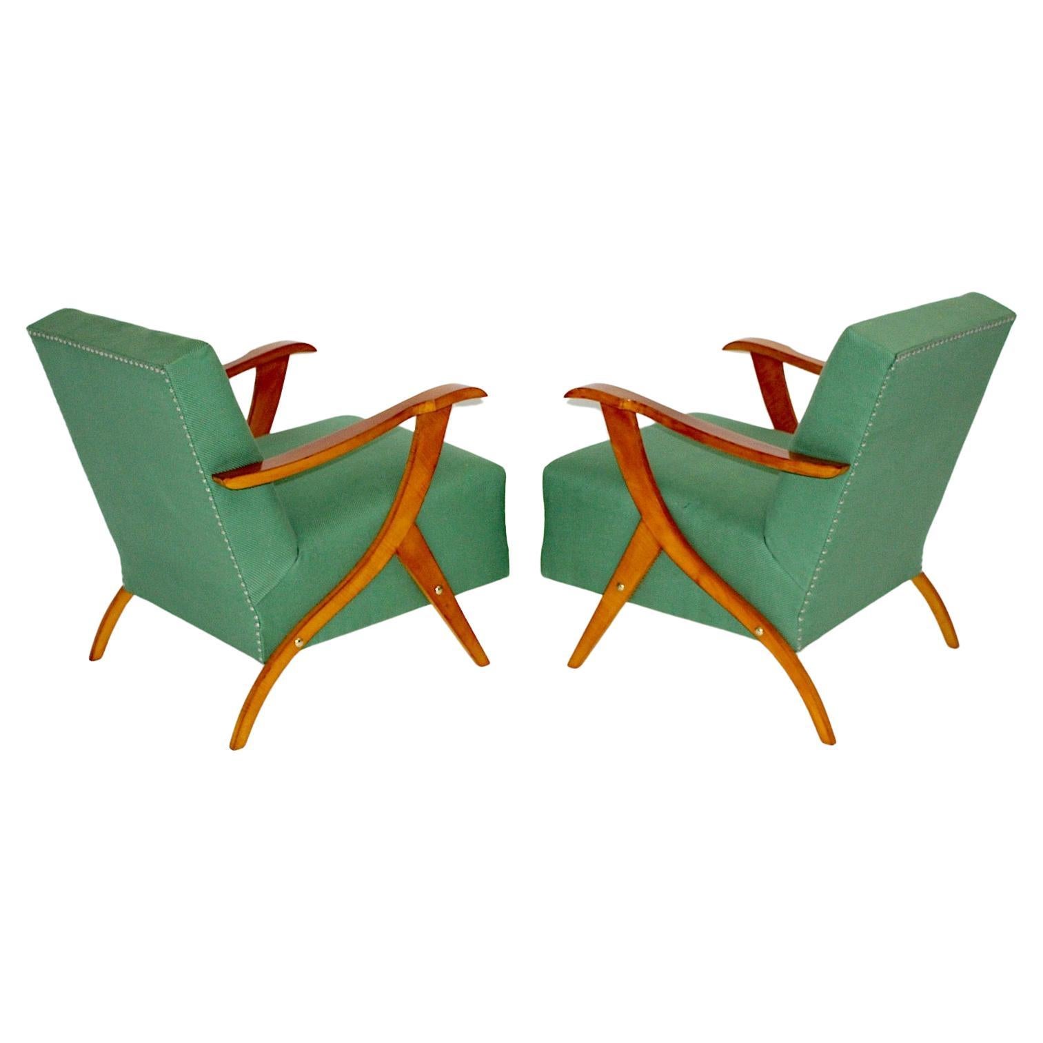 Mid Century Modern Vintage Maple Green Fabric Sculptural Lounge Chairs Pair 1950 For Sale