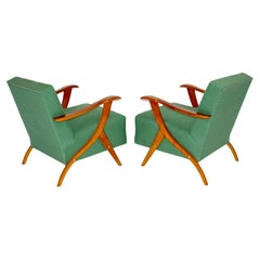 Mid Century Modern Vintage Maple Green Fabric Sculptural Lounge Chairs Pair 1950