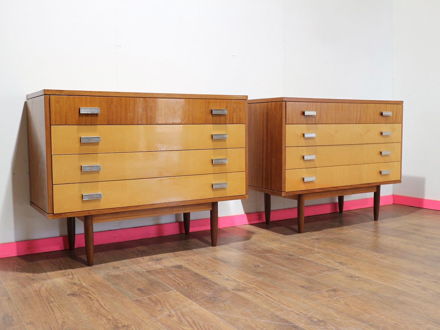 A gorgeouse pair of dressers by Italian furniture maker Marino, these Mid Century Modern Vintage Maple Italian Dressers showcases stunning quality and mid century style, making them a true statement piece for any home. At Mid Century Traders, we