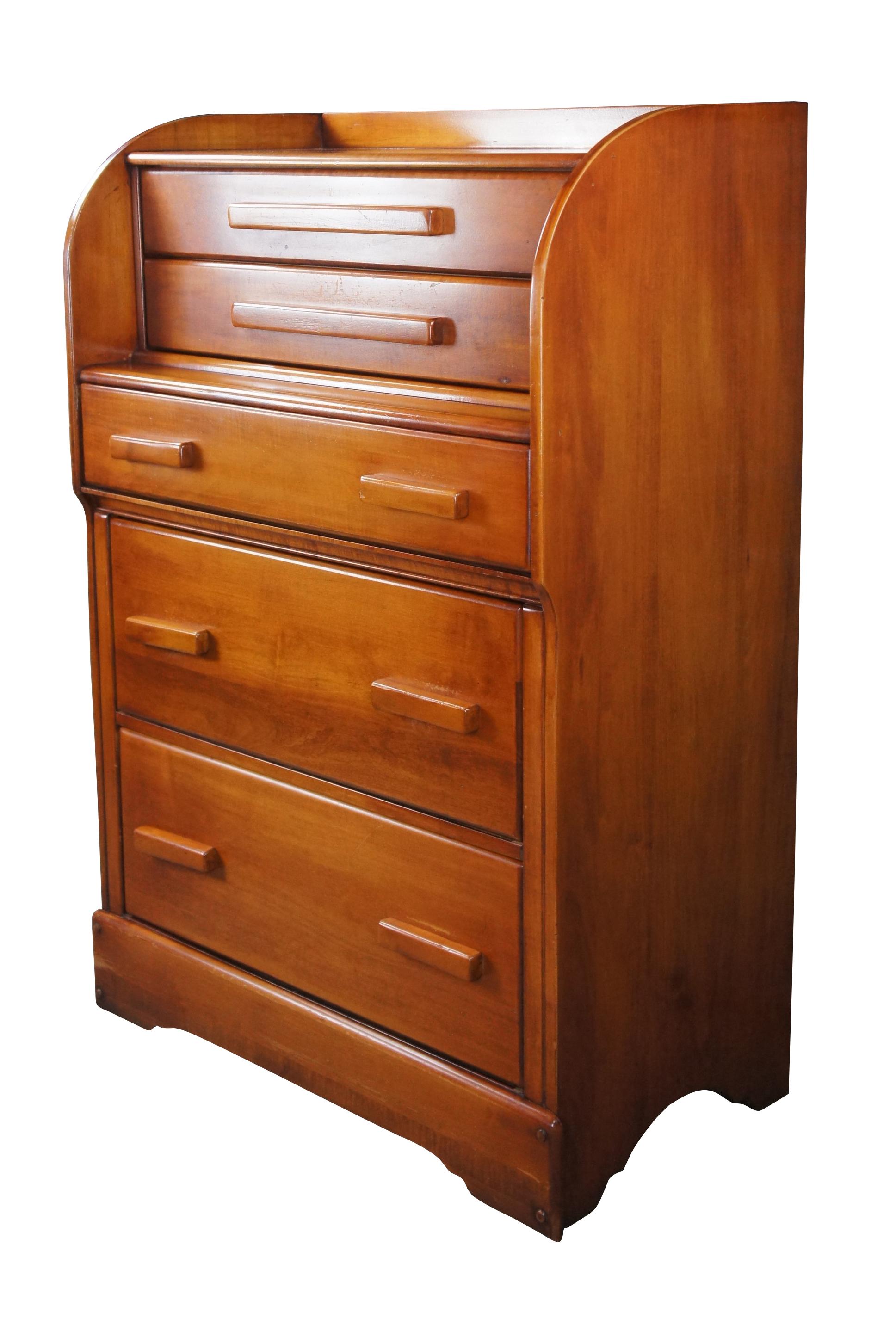 Mid-Century Modern tallboy dresser. Reminiscent of a secretary. Made from Maple with five dovetailed drawers and wooden handles. Attributed to Heywood Wakefield. Measure: 48
