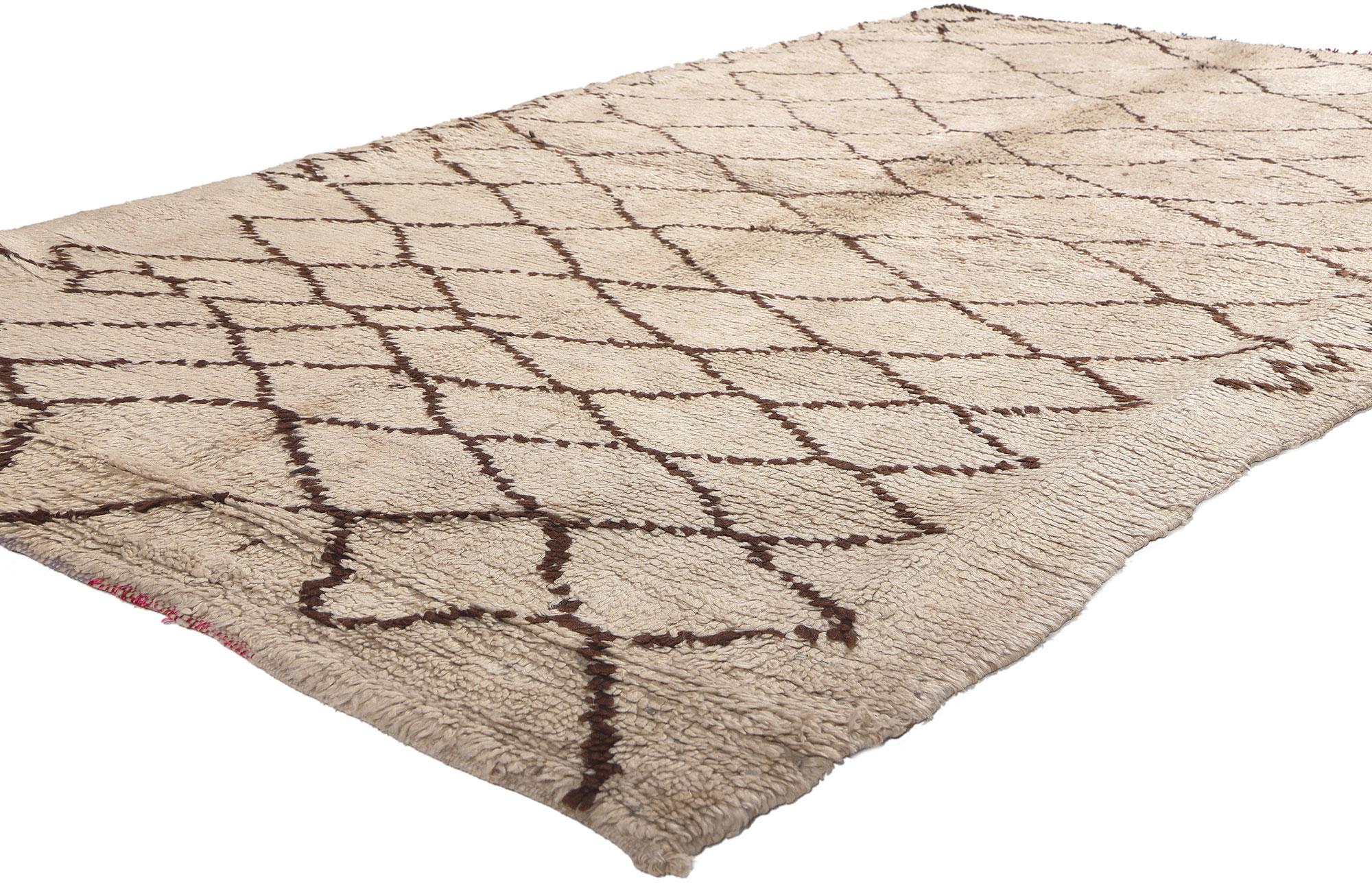 74172 Vintage Moroccan Azilal Rug, 04'08 x 08'03. Embark on a mystical journey into the heart of tradition with this hand-knotted wool Berber Moroccan Azilal rug, where the tribal women of the Azilal region weave enchanting tales of life's