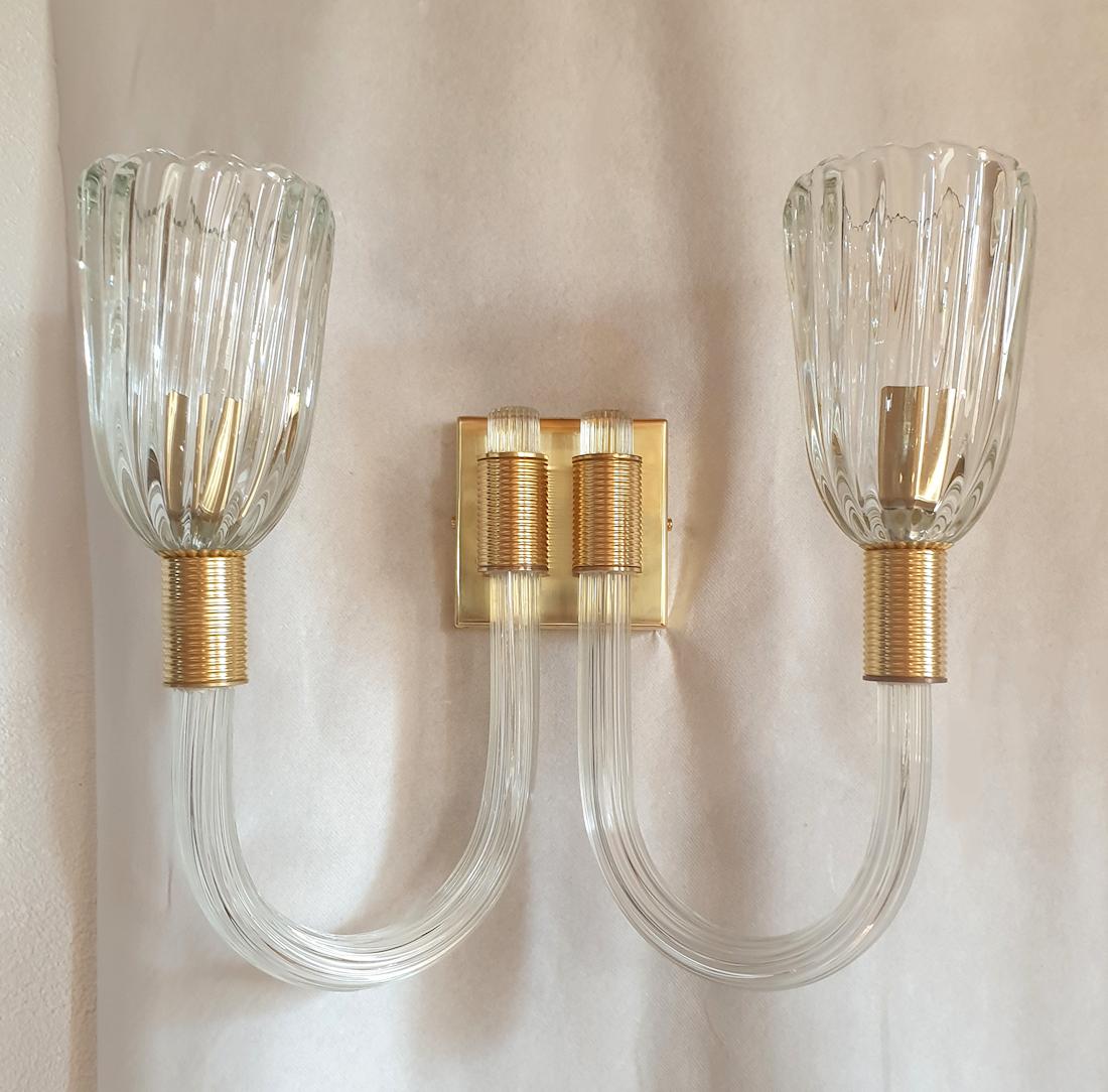 Mid-Century Modern Murano Glass & Brass Sconces, Attr to Barovier - a pair