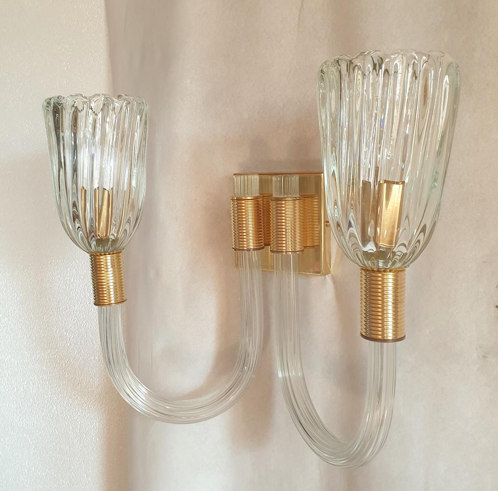 Italian Murano Glass & Brass Sconces, Attr to Barovier - a pair