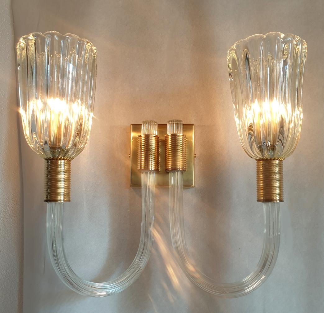 Mid-20th Century Murano Glass & Brass Sconces, Attr to Barovier - a pair