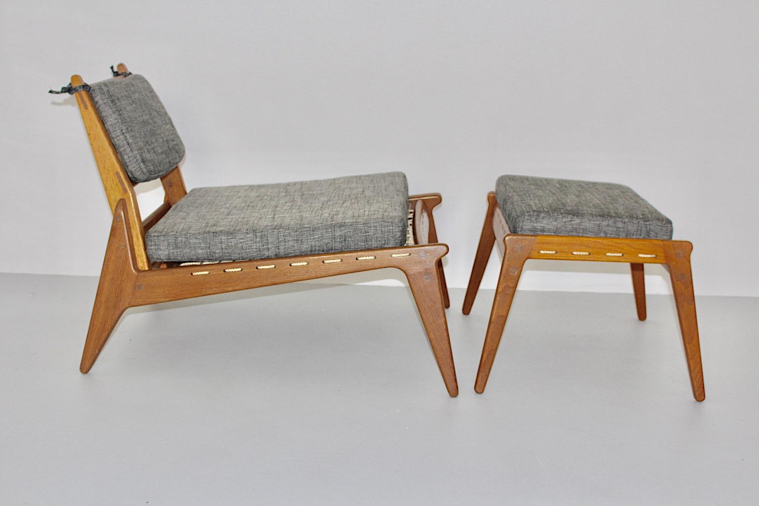 Mid-Century Modern Mid Century Modern Vintage Oak Wood Lounge Chairs and Ottoman Pair Duo 1960s  For Sale