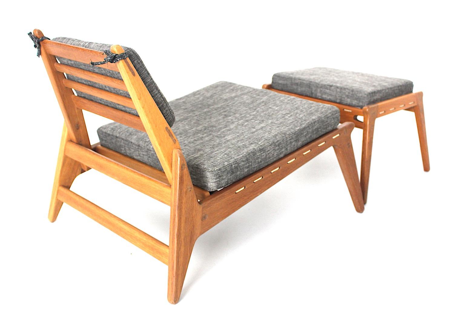 European Mid Century Modern Vintage Oak Wood Lounge Chairs and Ottoman Pair Duo 1960s  For Sale