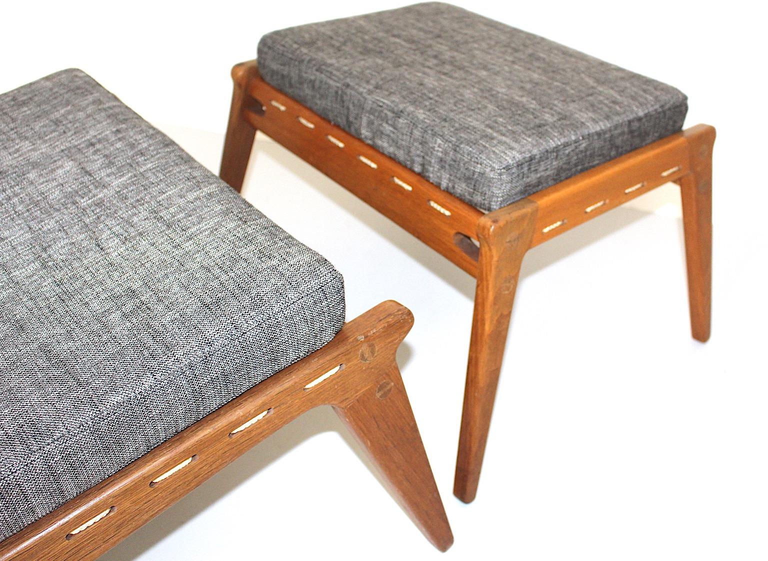 Fabric Mid Century Modern Vintage Oak Wood Lounge Chairs and Ottoman Pair Duo 1960s  For Sale