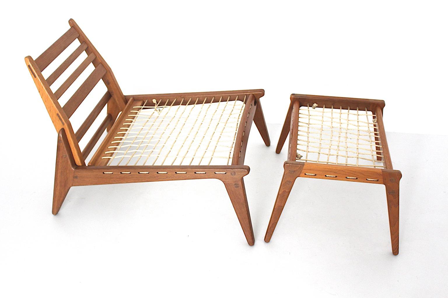 Mid Century Modern Vintage Oak Wood Lounge Chairs and Ottoman Pair Duo 1960s  For Sale 1