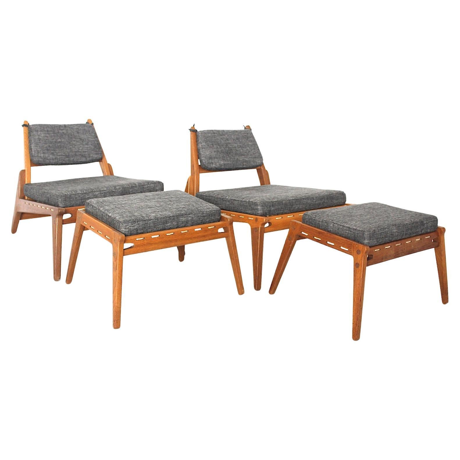 Mid Century Modern Vintage Oak Wood Lounge Chairs and Ottoman Pair Duo 1960s  For Sale