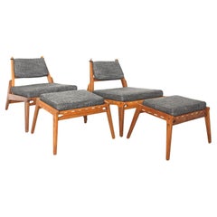 Mid Century Modern Retro Oak Wood Lounge Chairs and Ottoman Pair Duo 1960s 
