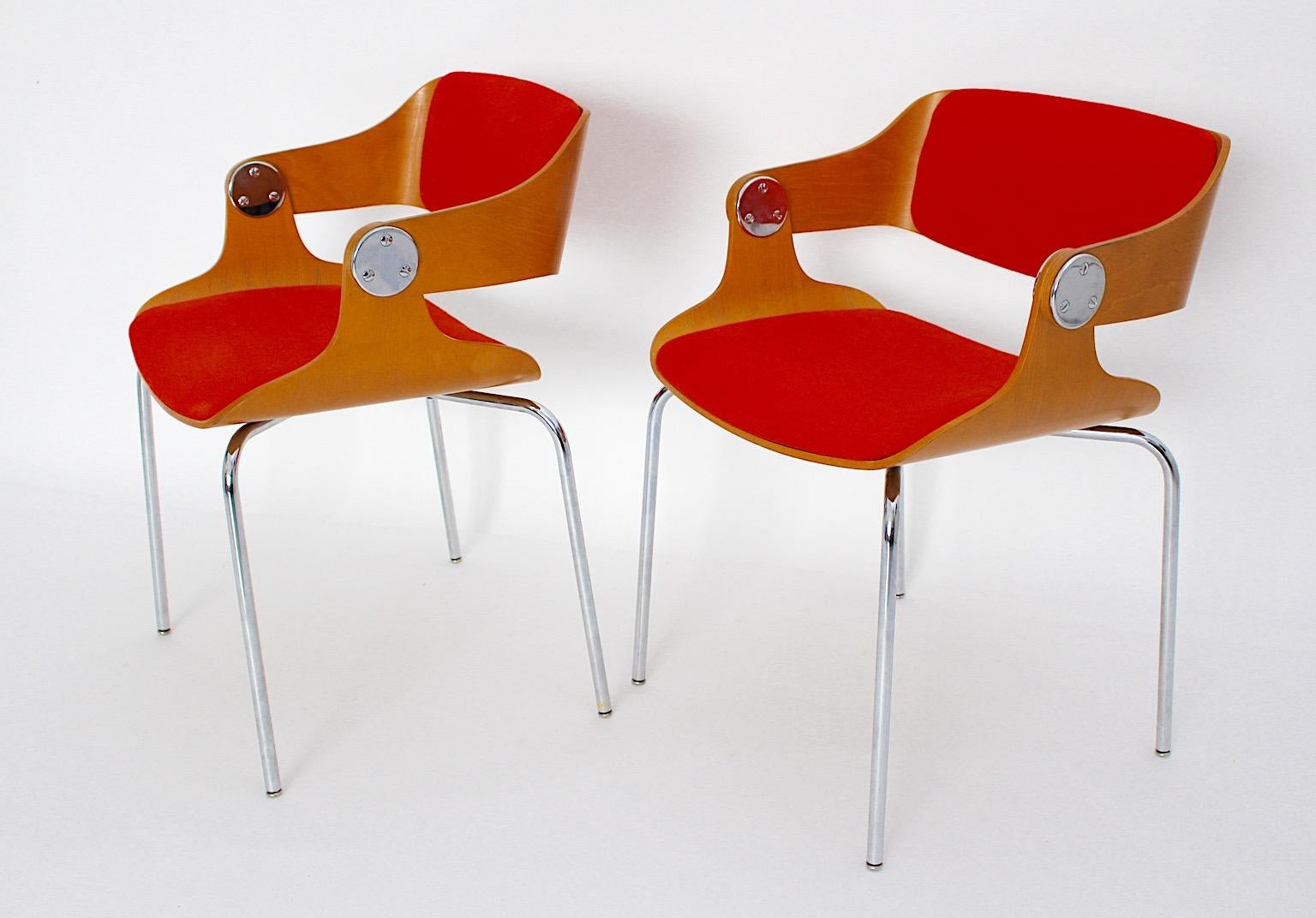 Mid-Century Modern Mid Century Modern Vintage Orange Dining Chairs Pair Eugen Schmidt 1965 Germany For Sale