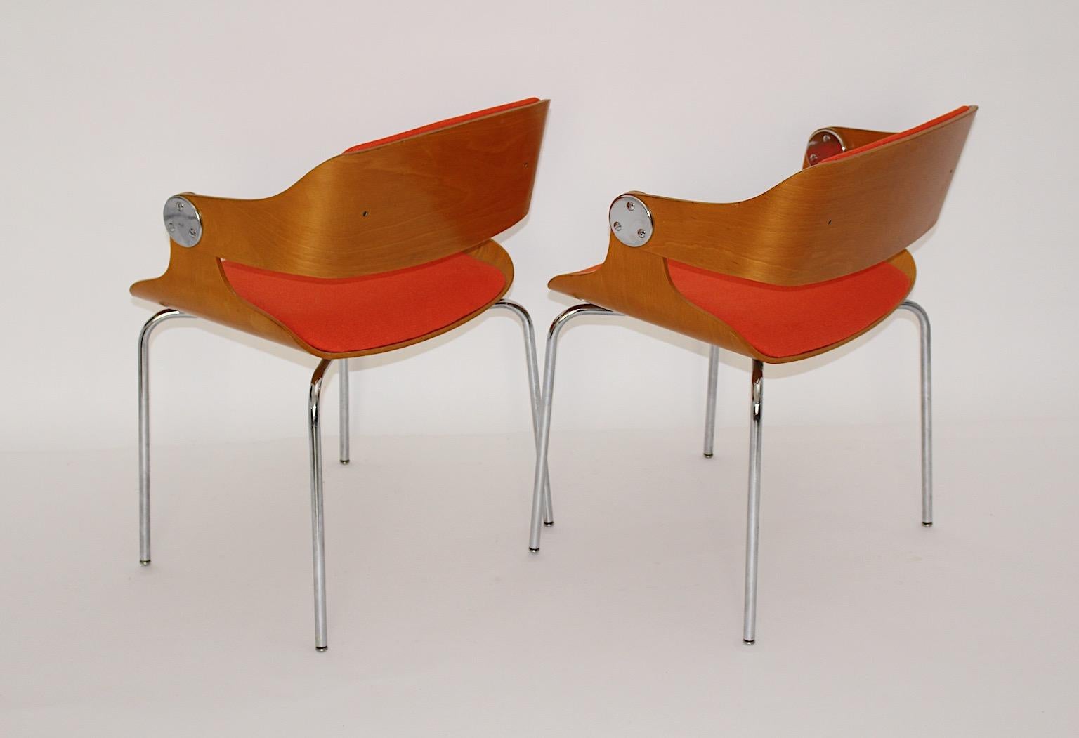 Mid Century Modern Vintage Orange Dining Chairs Pair Eugen Schmidt 1965 Germany In Good Condition For Sale In Vienna, AT