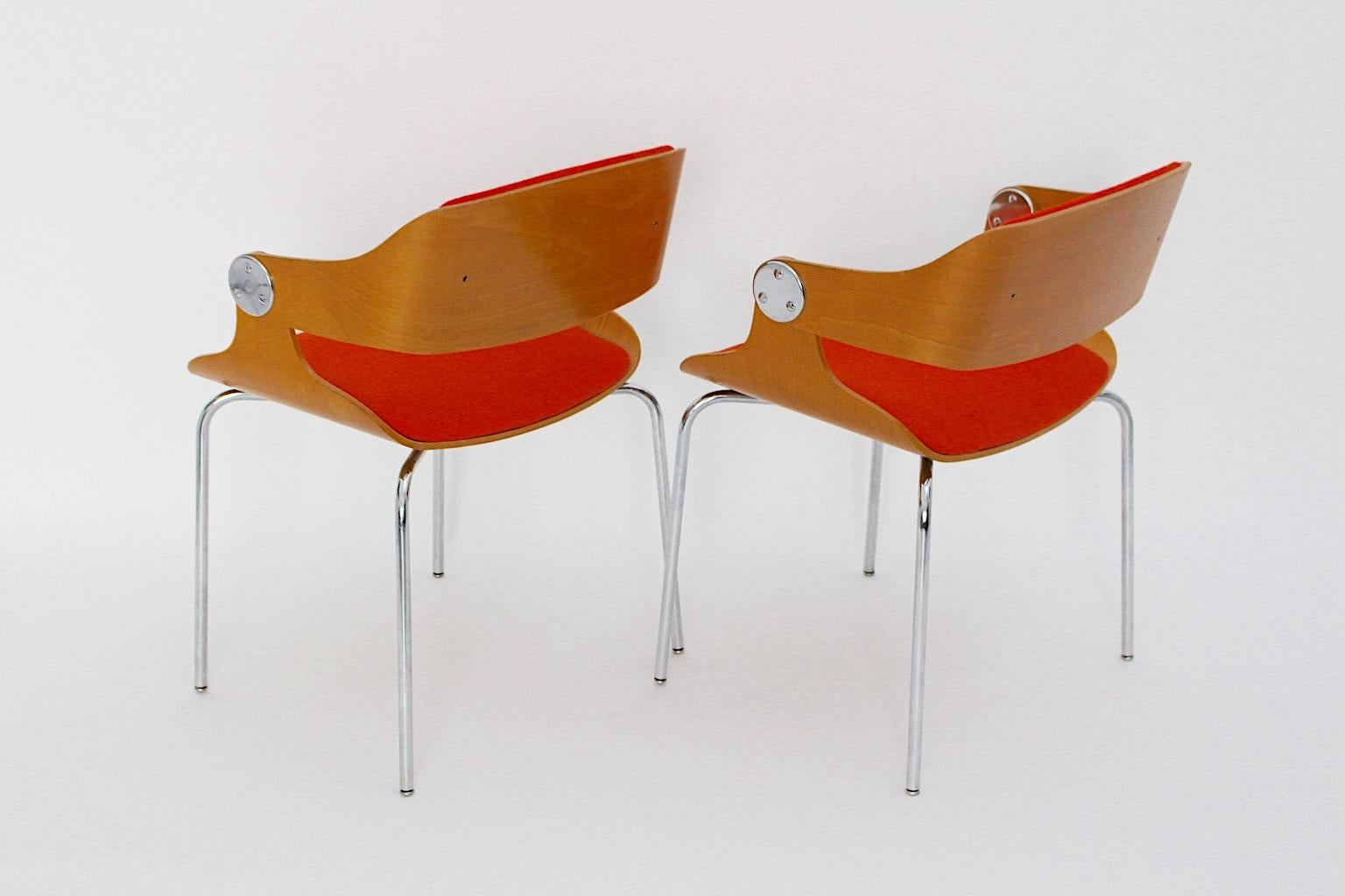 20th Century Mid Century Modern Vintage Orange Dining Chairs Pair Eugen Schmidt 1965 Germany For Sale