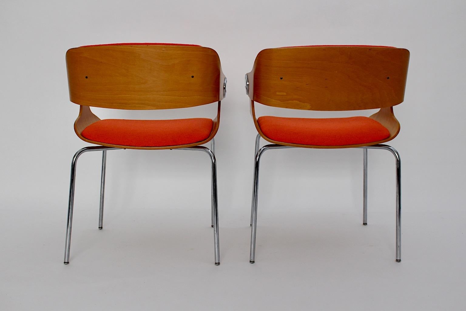 Fabric Mid Century Modern Vintage Orange Dining Chairs Pair Eugen Schmidt 1965 Germany For Sale