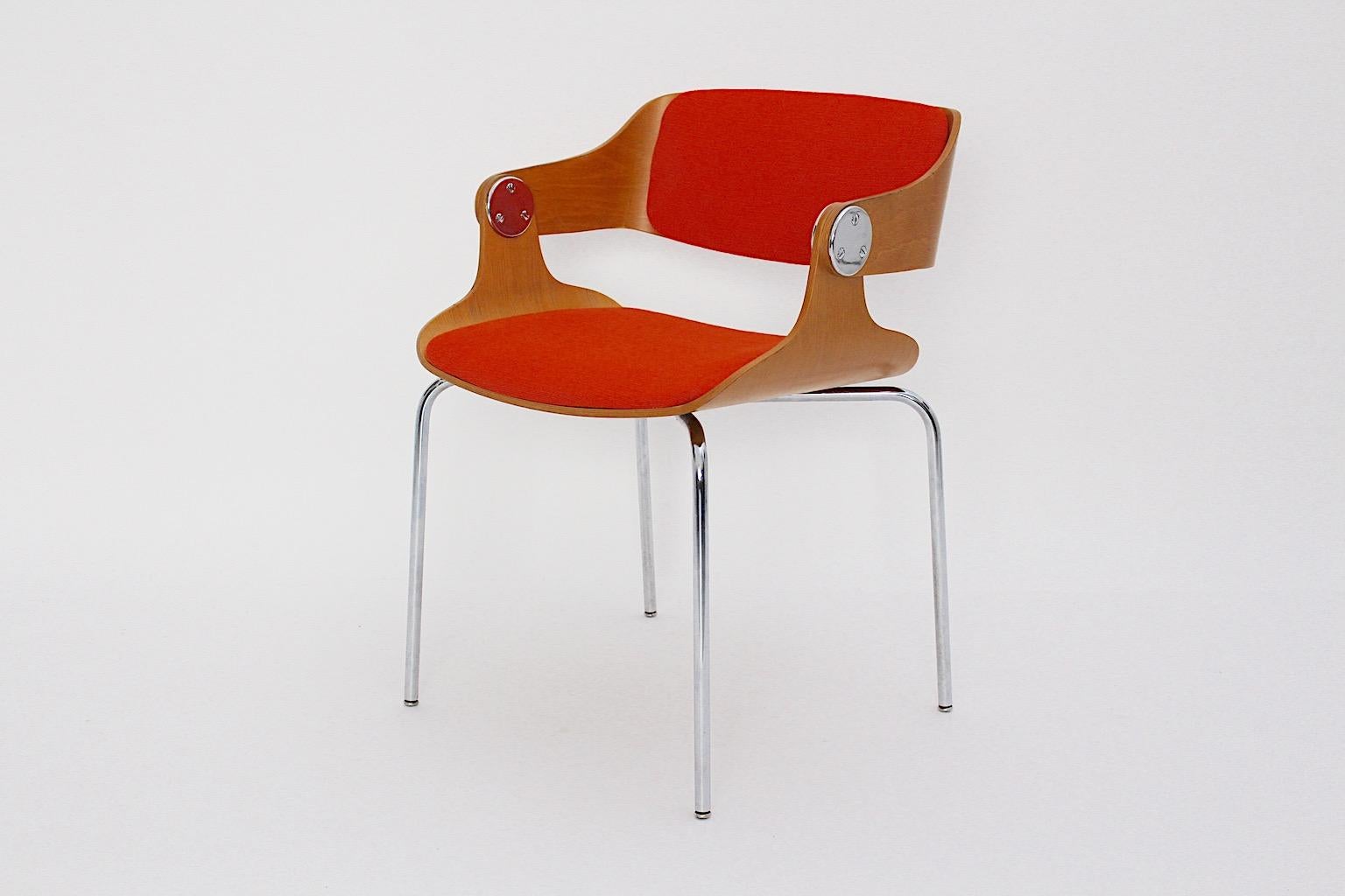 Mid Century Modern Vintage Orange Dining Chairs Pair Eugen Schmidt 1965 Germany For Sale 1