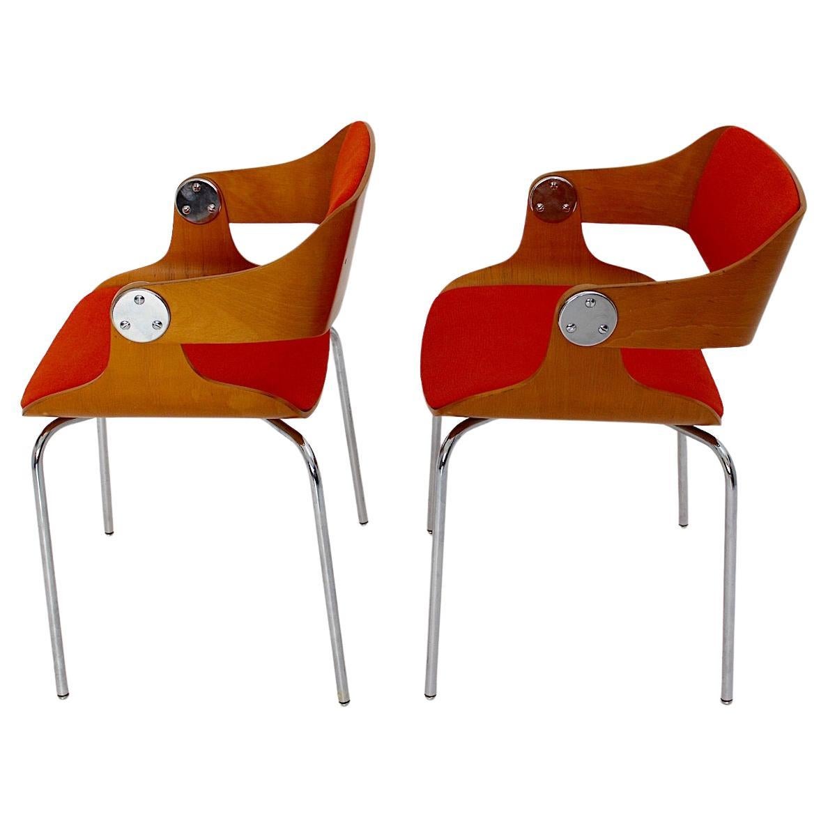 Mid Century Modern Vintage Orange Dining Chairs Pair Eugen Schmidt 1965 Germany For Sale