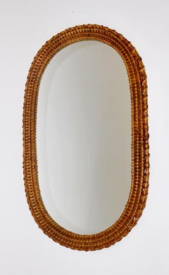 Mid-Century Modern Vintage Organic Oval Rattan Wall Mirror, 1970s, Italy