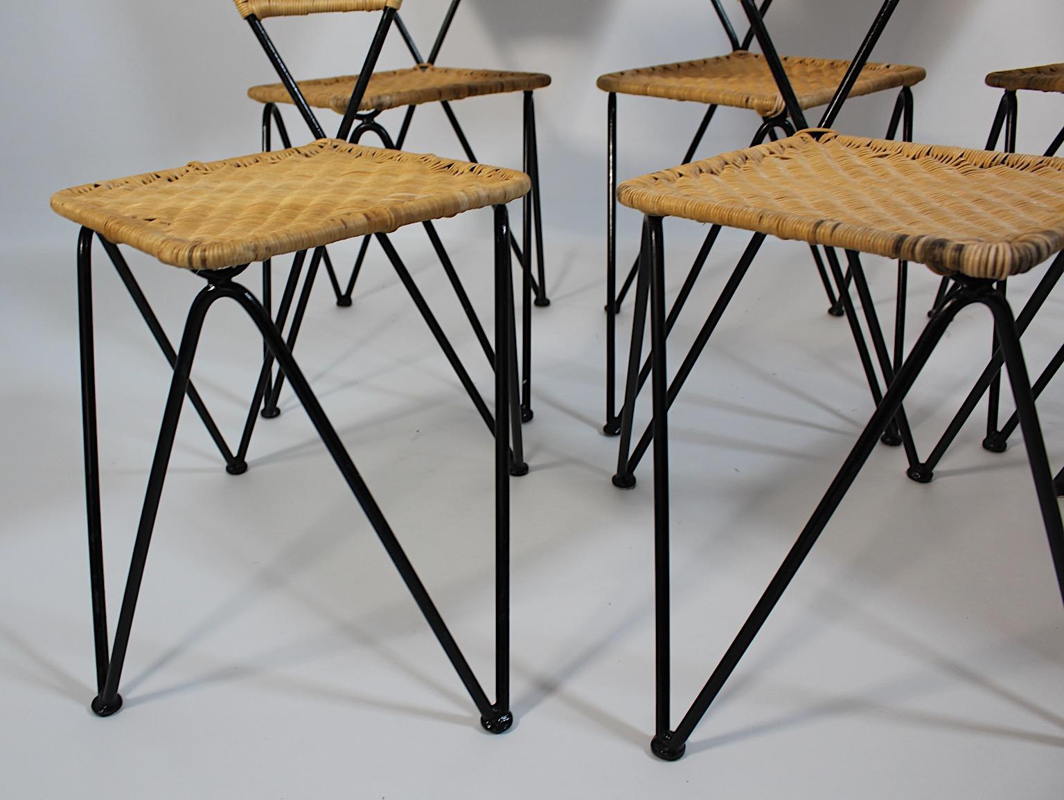 Mid-Century Modern Mid Century Modern Vintage Organic Rattan Metal Dining Chairs Sonett 1950 Vienna For Sale
