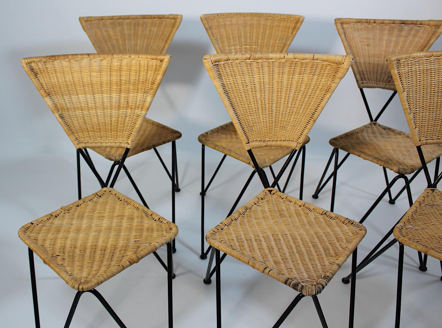 Austrian Mid Century Modern Vintage Organic Rattan Metal Dining Chairs Sonett 1950 Vienna For Sale