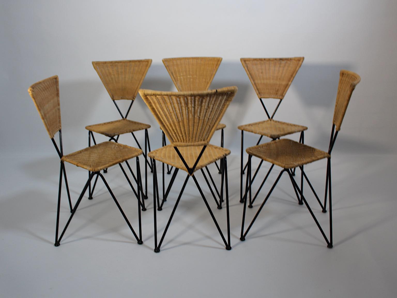 20th Century Mid Century Modern Vintage Organic Rattan Metal Dining Chairs Sonett 1950 Vienna For Sale