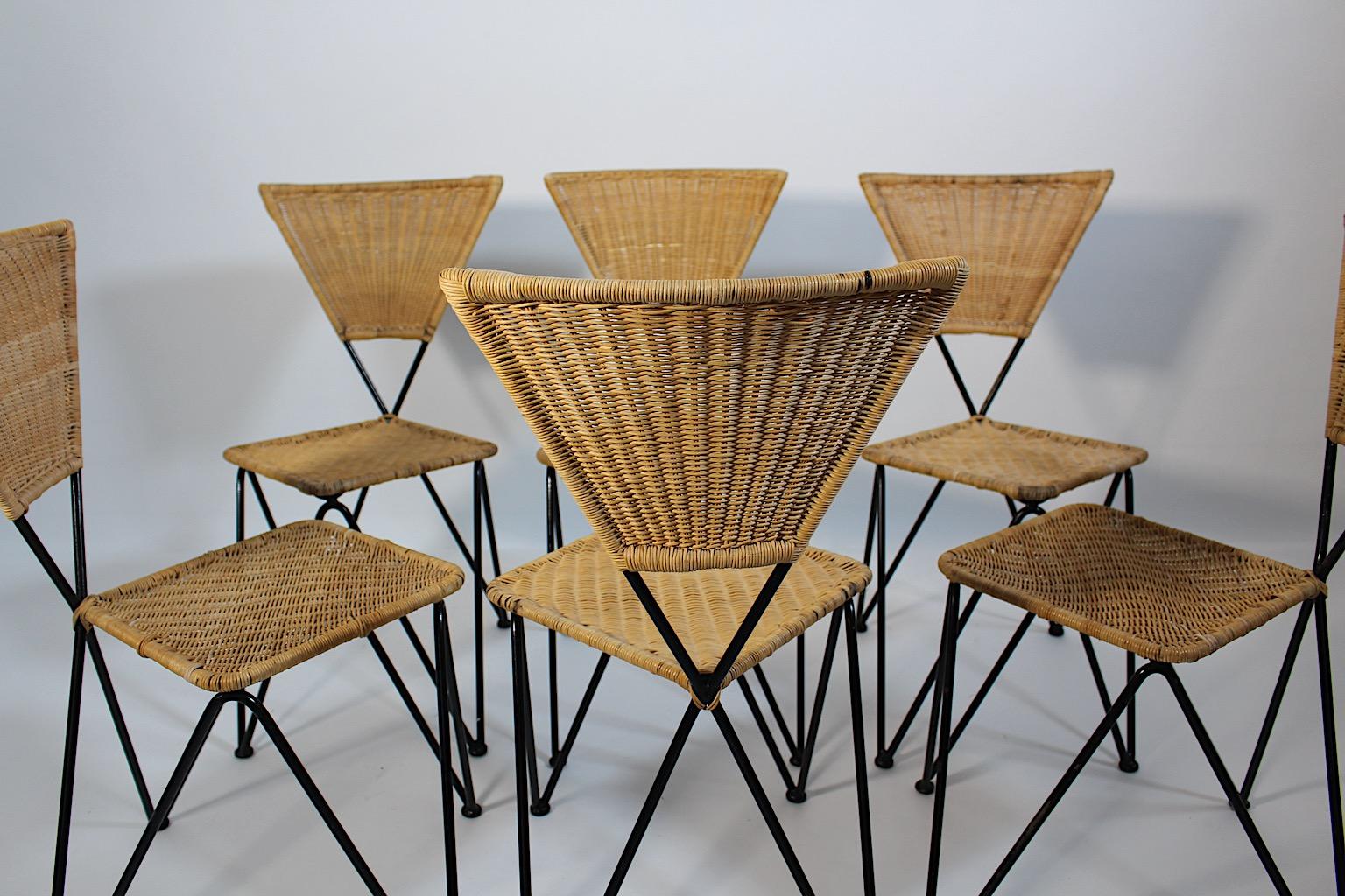 Mid Century Modern Vintage Organic Rattan Metal Dining Chairs Sonett 1950 Vienna For Sale 1