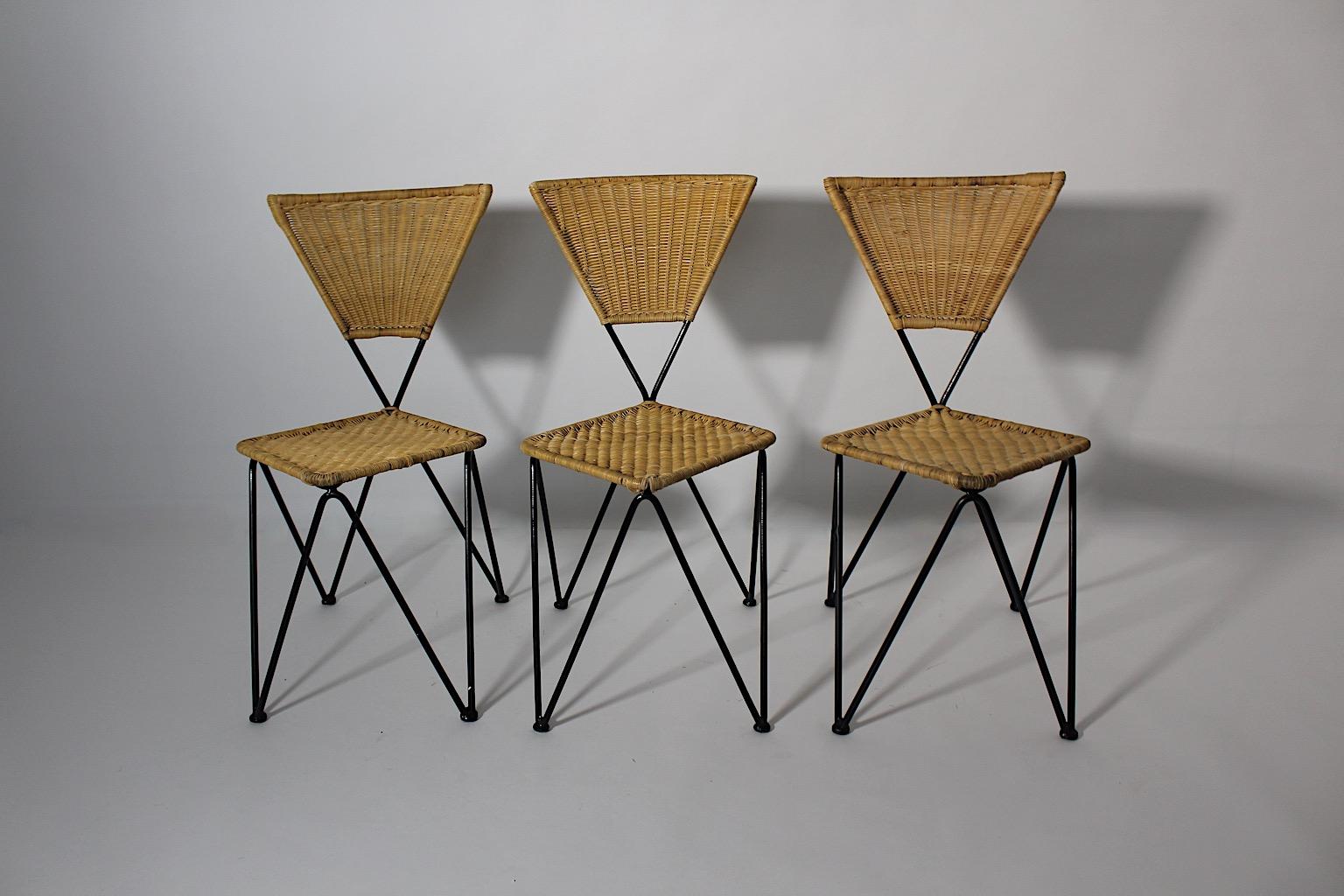 Mid Century Modern Vintage Organic Rattan Metal Dining Chairs Sonett 1950 Vienna For Sale 3