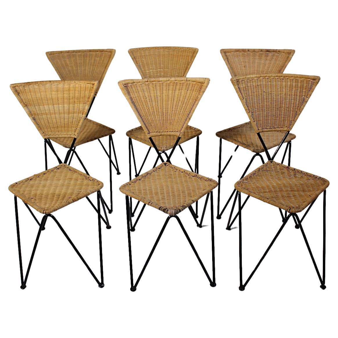 Mid Century Modern Vintage Organic Rattan Metal Dining Chairs Sonett 1950 Vienna For Sale