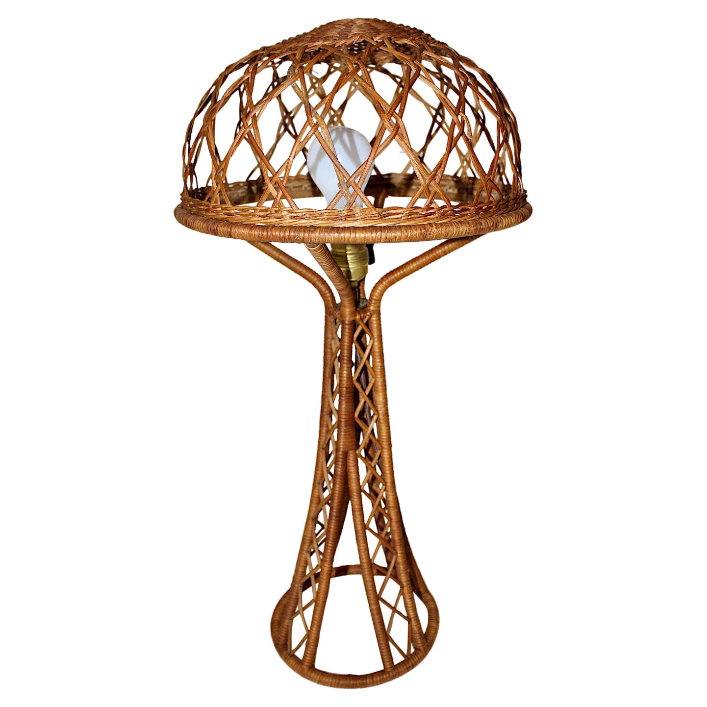 Mid Century Modern Vintage Organic Rattan Table Lamp Mushroom Eiffel 1950s