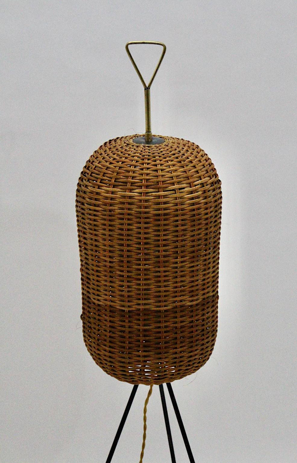 Mid-Century Modern Vintage Organic Sculptural Brass Rattan Floor Lamp 1950s  For Sale 4