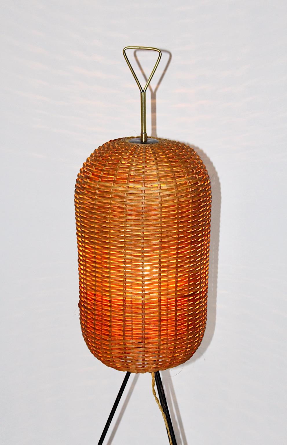 Autrichien The Moderns Modern Vintage Organic Sculptural Brass Rattan Floor Lamp 1950s  en vente