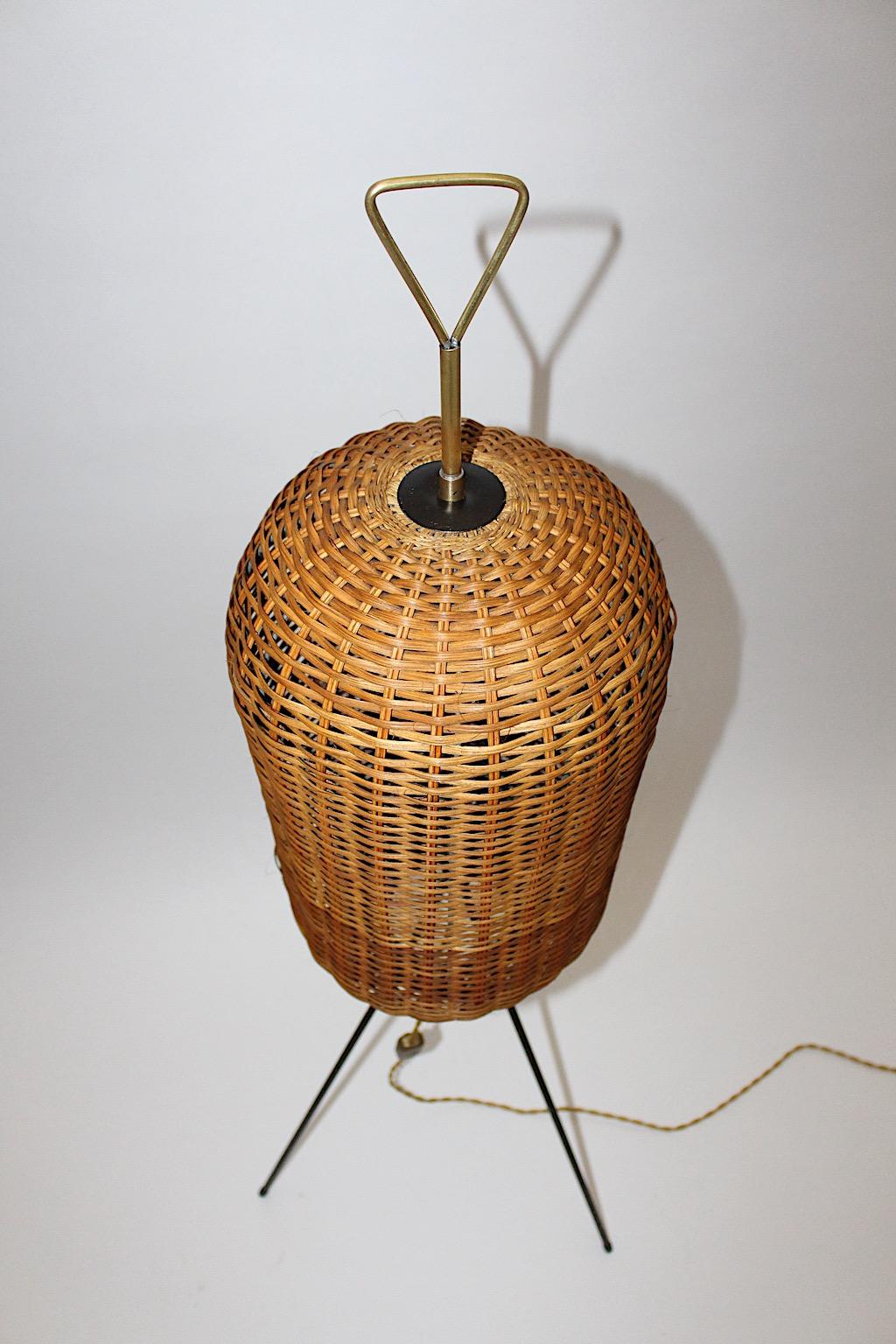 20th Century Mid-Century Modern Vintage Organic Sculptural Brass Rattan Floor Lamp 1950s  For Sale