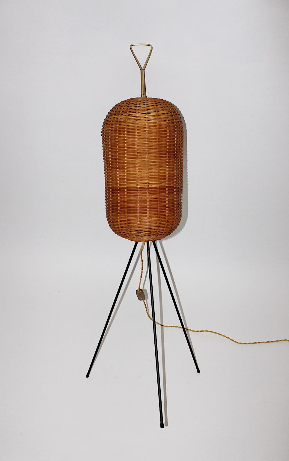 Métal The Moderns Modern Vintage Organic Sculptural Brass Rattan Floor Lamp 1950s  en vente