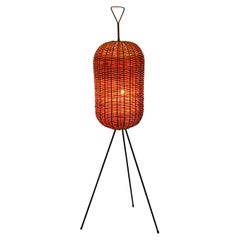 Mid-Century Modern Vintage Organic Sculptural Brass Rattan Floor Lamp 1950s