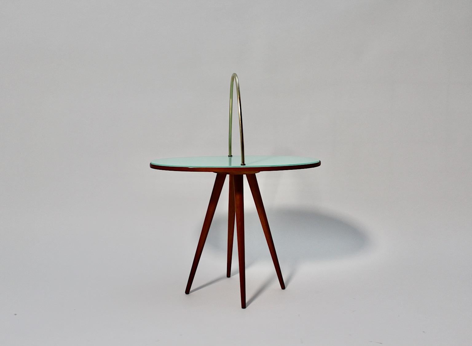 Mid-Century Modern Vintage Oval Cherry Brass Green Glass Side Table 1950s Italy For Sale 5