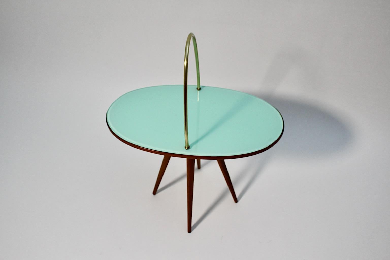 Mid-Century Modern Vintage Oval Cherry Brass Green Glass Side Table 1950s Italy For Sale 8
